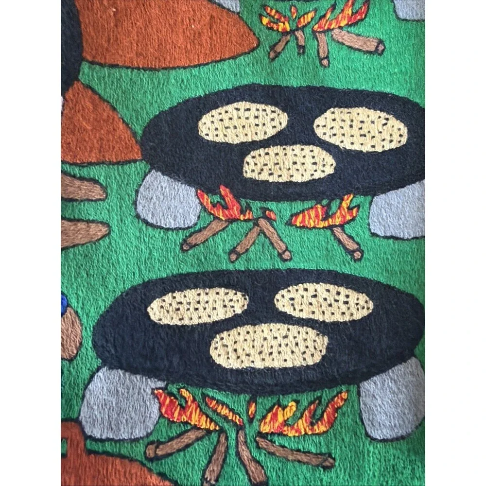 Vintage Handmade African Folk Art Embroidered Pillow Cover 14x14 Cooking Scene